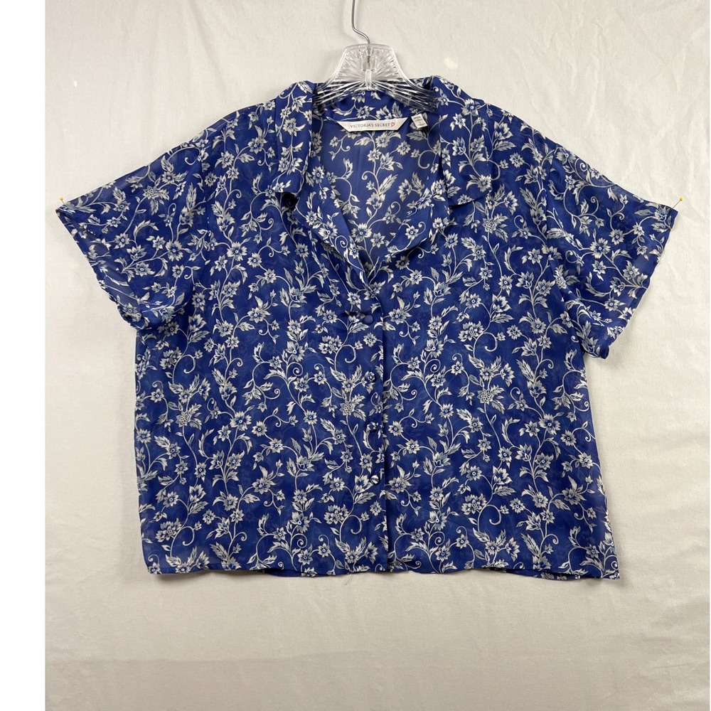 Victoria's Secret Floral Blouse Women Large Short Sleeve Sheer Button Up